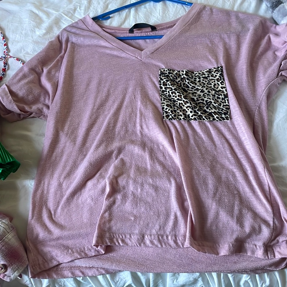 Pink top with leopard pocket